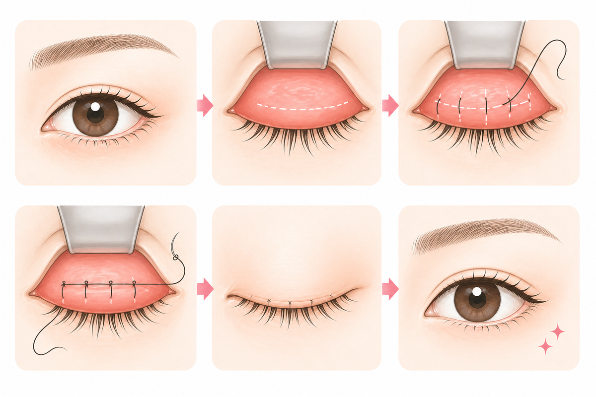 逆さまつげ治療：縫合法の説明イラスト